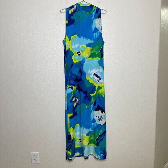 Natori MuuMuu Dress Medium Blue Tropical Maxi Long Double Slit Sleeveless Caftan - Picture 7 of 8